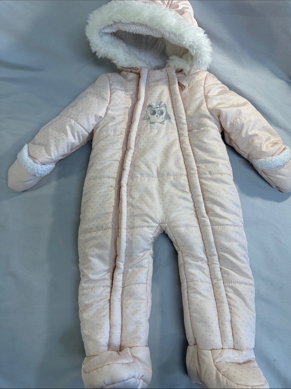 First Wish - Baby Pink Hooded One-Piece Snowsuit bunting bag with Faux Fur Trim